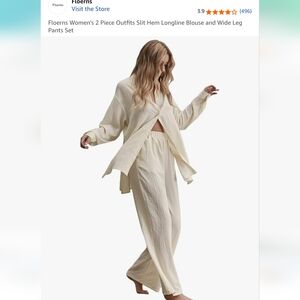 Floerns Women's 2 Piece Outfits Slit Hem Longline Blouse and Wide Leg Pants Set